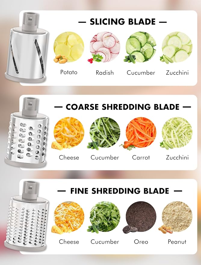 GDL Rotary Cheese Grater, Upgraded 5-in-1 Cheese Grater Hand Crank, Multi-purpose Cheese Shredder with Handle, Vegetable Slicer Cutter Ice Shaver for Potato, Carrot, Nuts, Chocolate