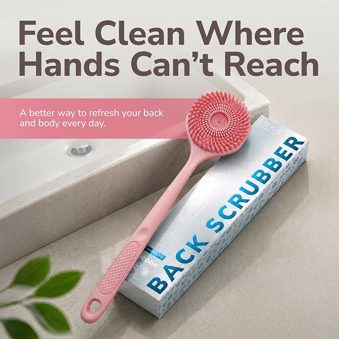 SILKLE Silicone Back Scrubber with Long Handle - Body Brush for Shower, Bath, and Exfoliating - Skin Cleansing, Back Scrub, and Gentle Silicone Sponge - Wash Your Body with Easy Reach - Pink