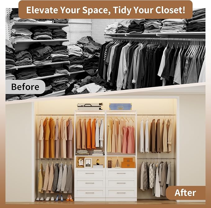 Closet System with 6 Drawers, 4FT-15FT 2-Piece Closet System, Walk in Closet Organizer System, Modular Closet System with 10 Adjustable Hanging Rods & Shelves, Closet Storage System for Bedroom, White