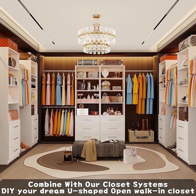 Closet System with 3 Drawers, 4FT-9FT Custom Closet Organizer System Modular Walk in Closet Storage Wooden System with 4 Expandable Hanging Rods Adjustable Shelves White