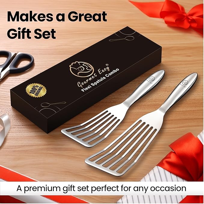 Stainless Steel Fish Spatula Set – 1 Large Fish Turner + 1 Small Metal Spatula, Ultra-Thin Edge for Easy Turning & Flipping, Metal Kitchen Utensils with Ergonomic Non-Slip Handle, Dishwasher Safe