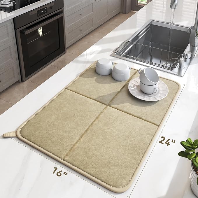 YDKGL 2 Pack PU Leather Dish Drying Mat for Kitchen Counter, Ultra Absorbent & Fast Drying Dish Mat Machine Washable Foldable Drying Pad for Countertops, Sinks, Draining Racks