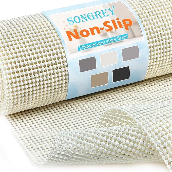 Songrey Non-Slip Shelf Cabinet and Drawer Liner, 20IN x 20FT, Cream | No Adhesive Residue, Strong Grip, Thick PVC Mat, for Kitchen Shelves, Bathroom Drawers, Home Essentials, Snip to Fit