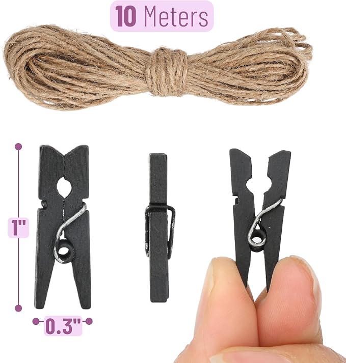 Mr. Pen- Mini Wooden Clothes Pins for Photo, 1 Inch, 200 Pack, Black Small Clothespins with 10 Meter Jute Twine for Scrapbooking, Labeling Plants, Gift Tags, Tiny Crafts, Photo Display, Decoration