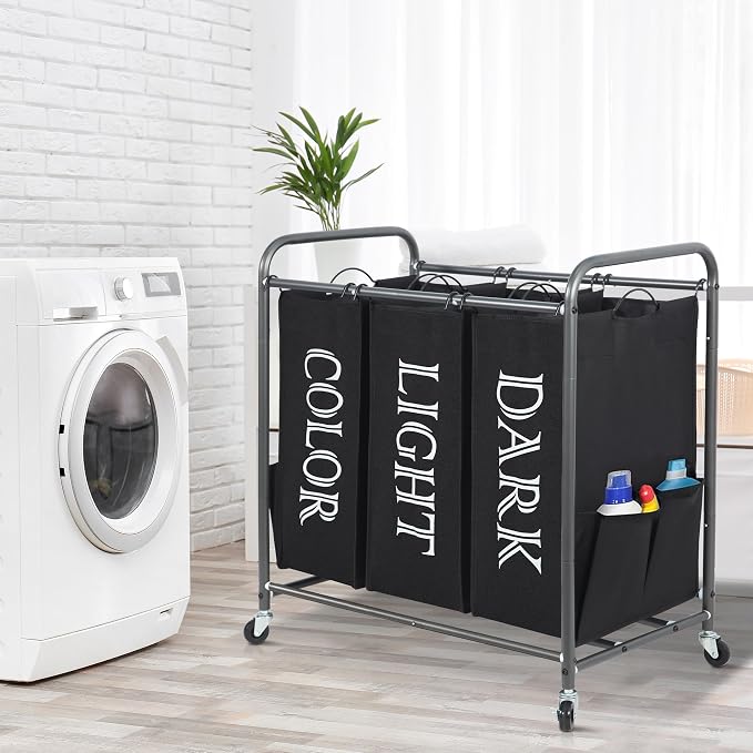 STORAGE MANIAC 3 Section Laundry Sorter, 35.6 Gal (135 L) Laundry Hamper Cart with Heavy Duty Rolling Lockable Wheels and Removable Bags, Clothes Organizer Basket Separator Hamper, Label Black