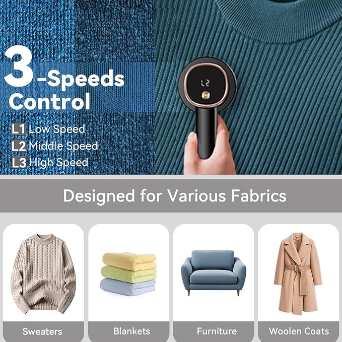 Rechargeable Fabric Shaver for Clothes: 6-Leaf Blades & 3 Speeds to Remove Pilling, Fuzz & Lint Balls - with LED Display, Portable Electric Lint Remover for Sweater, Couch, Blanket, Furniture