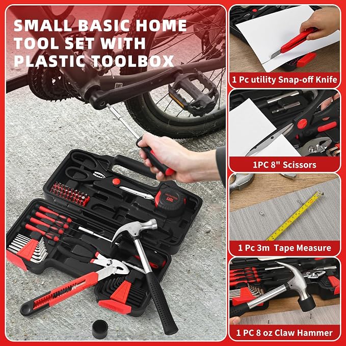58-Piece Household Tool Set, Red Hand Kit With Storage Case | All Purpose Hand Tool Kit, Basic Home Tool Set, Plastic Storage Case, for Home Garage Office Dormitory, Basic Repairs, Women
