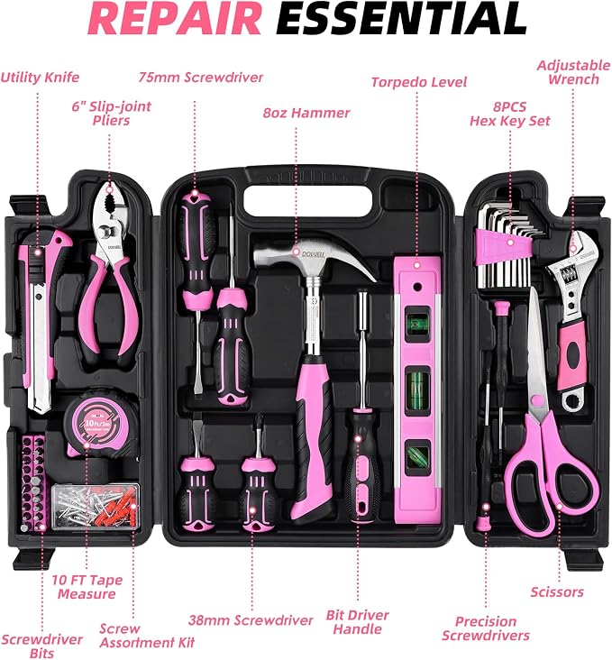 DOWELL 123-Piece Pink Home Repair Tool Kit for Women & Girls | All-in-One DIY Toolkit with Ergonomic Handles, Durable Toolbox, Non-Slip Grips | Perfect Gift for- Wives| Moms, Crafters