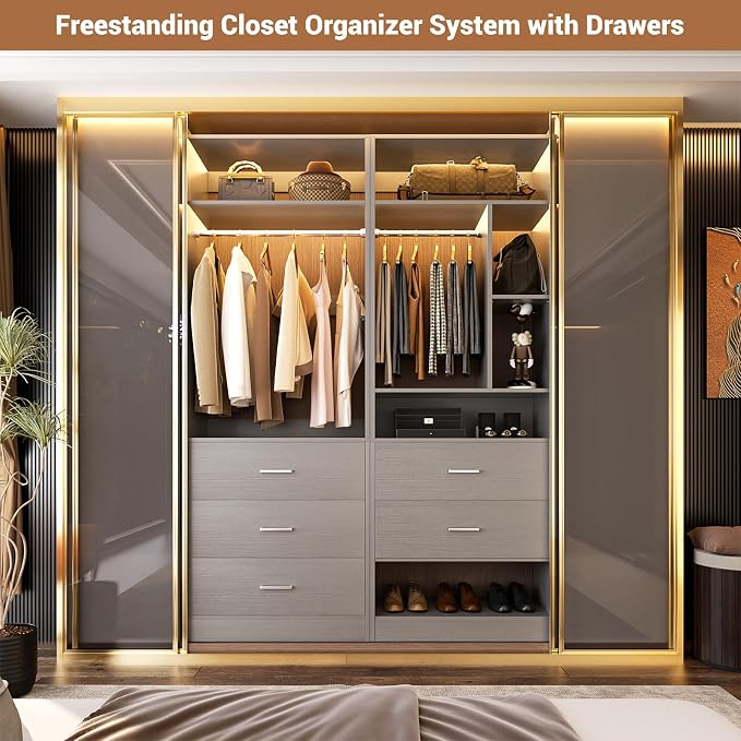 Besiost 4FT Closet Systems with 5 Wood Drawers, 48 Inch Closet Organizer System with 2 Hanging Rods & 7 Shelves, Heavy Duty 48" Walk-in Closet, Grey (48"L x 15" W x 80" H)