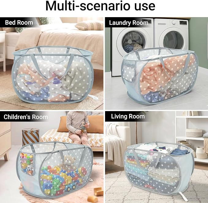 Sturdy Collapsible Laundry Baskets with Side Pockets, Mesh Pop Up Laundry Hamper, Foldable Clothes Storage Hamper with Reinforced Carry Handles for Home, Dorm, Travel -Polka Dot Print, Gray