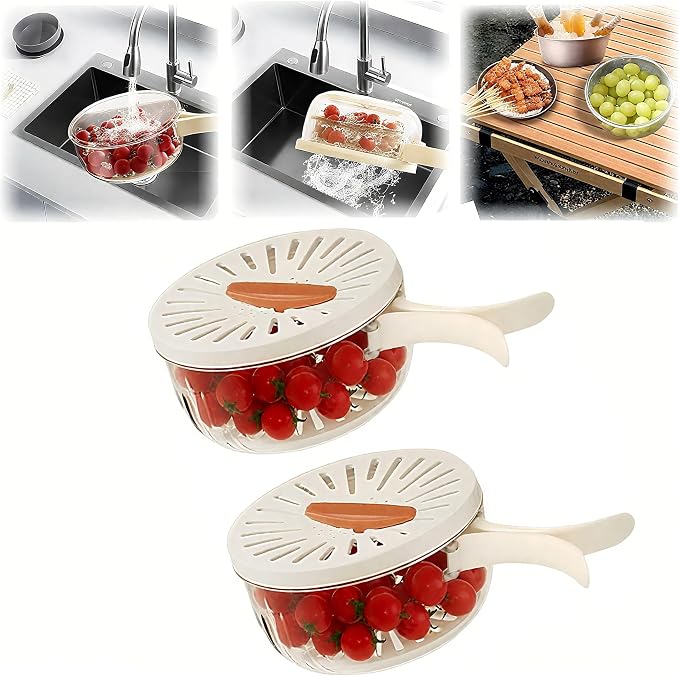 2 Pcs Multipurpose Drain Basket with Lid & Foldable Handle,2 in 1 Draining and Preservation Basket,Fruit Strainer Container with Lid for Fridge Freshness,Outdoor Picnics(1QT+1QT)
