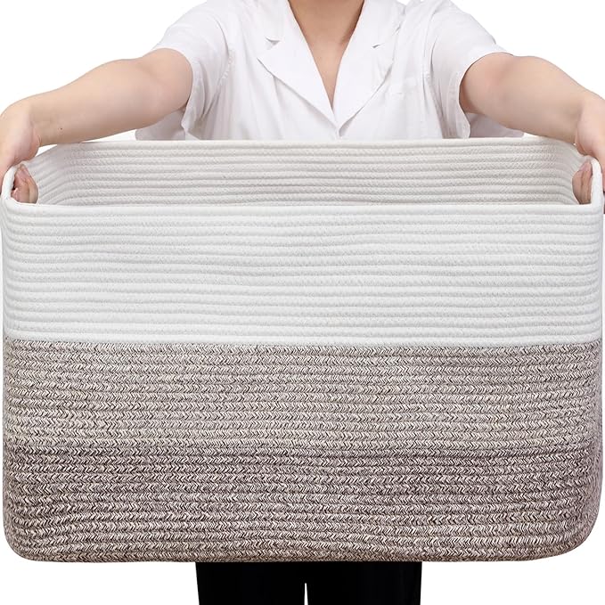 Optish 95L Blanket Basket, Large Woven Baskets for Storage, Blanket Storage for Living Room, Rope Basket with Handles for Bedroom, Nursery, Toys, Clothes, 24” x 17” x 13.5”, White & Brown