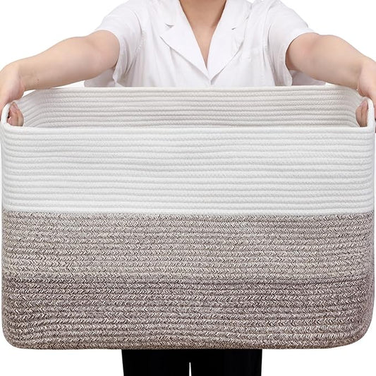 Optish 95L Blanket Basket, Large Woven Baskets for Storage, Blanket Storage for Living Room, Rope Basket with Handles for Bedroom, Nursery, Toys, Clothes, 24” x 17” x 13.5”, White & Brown