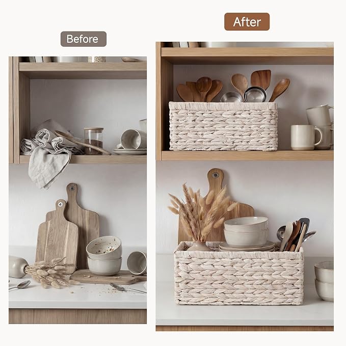 StorageWorks Large Wicker Baskets for Storage, Water Hyacinth Storage Baskets for Organizing, Wicker Storage Baskets for Shelves, White, 2-Pack, Large & Medium