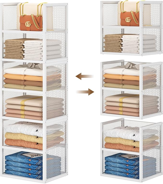 DAOUTIME 6-Tier Stackable Closet Organizers and Storage Basket, Wire Closet Shelf Organizer, Sweater Storage Oragnizer Bins, Multifunctional Clothes Storage Drawer Organizer for Wardrobe, White