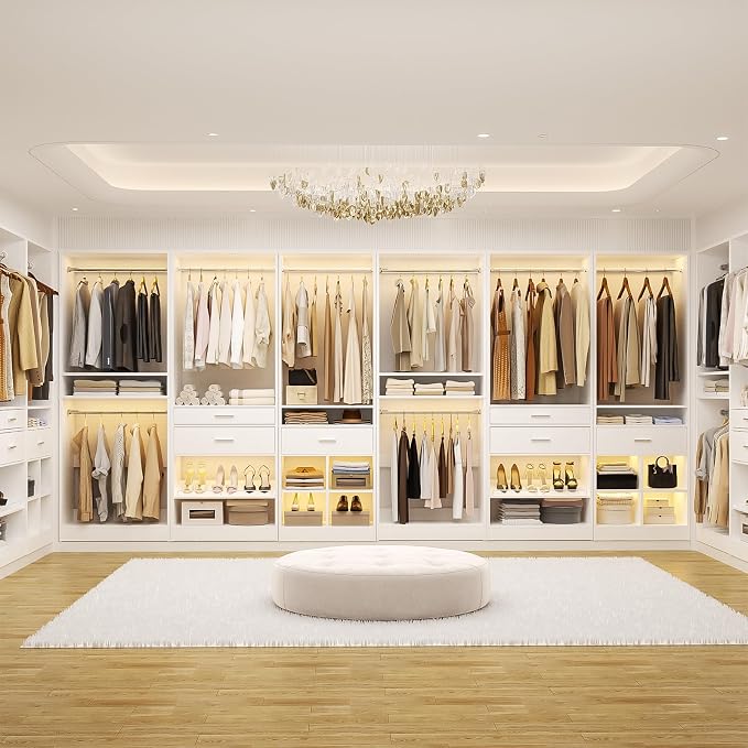 Unikito Closet System Set of 2, 4FT Closet Systems with 2 Wood Drawers, 50" Closet Organizer System with 3 Hanging Rods & 2 Shelves, Heavy Duty 50 Inch Walk-in Closet , White (50" L x 16" W x 80" H)