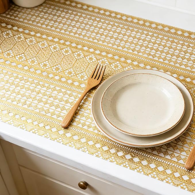 Drawer and Shelf Liner - Gold Geometric Lace Pattern,Non Adhesive | Non Slip Waterproof Easy-Clean Shelf Liner for Kitchen Cabinet, Bathroom, Pantry Storage Drawers, 12 in x 20 Ft
