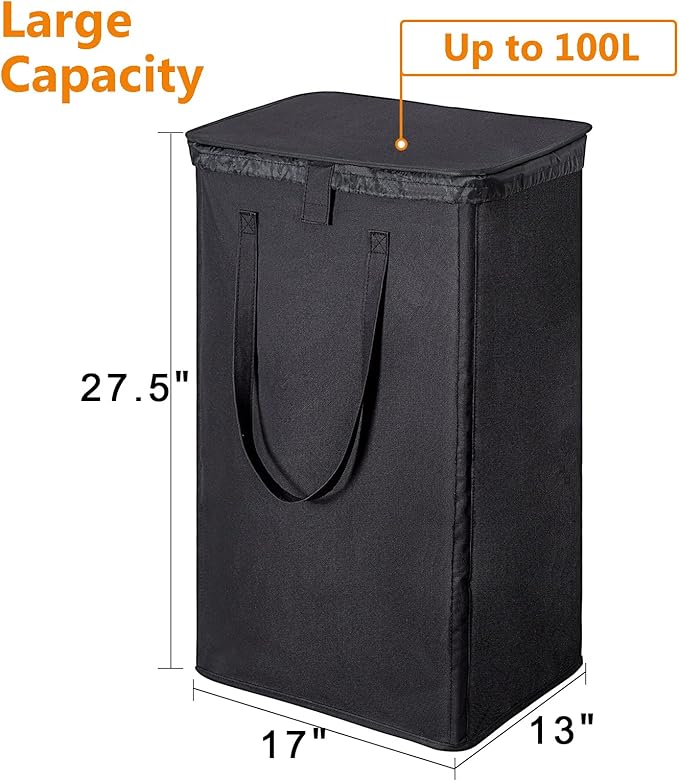 WOWLIVE 100L Black Laundry Hamper with Lid, Dirty Laundry Basket for Dorm | Tall Collapsible Dirty Clothes Hamper with 2 Removable Bags and Handles for Laundry Room, College Dorm