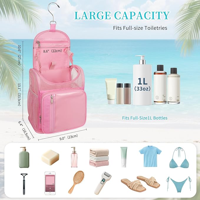 Hanging Shower Caddy Portable - Travel Toiletry Bag for Men & Women, Large Capacity Caddy Dorm Basket, Quick Dry Toiletry Tote Bag with Stain Resistant Bottom for Bathroom, Beach, Camp, Gym - Pink