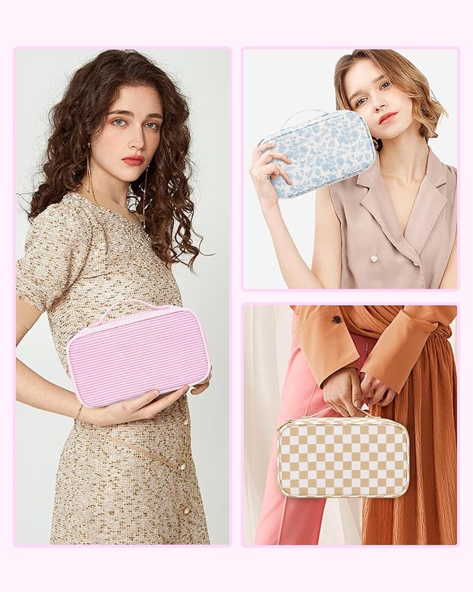Relavel Pink Makeup Bag, Dual-Layer Cute Travel Cosmetic Bag with Make Up Brush Compartment, Multi-Functional Small Toiletry Organizer, Preppy Accessories for Daily Use, Pink Strip