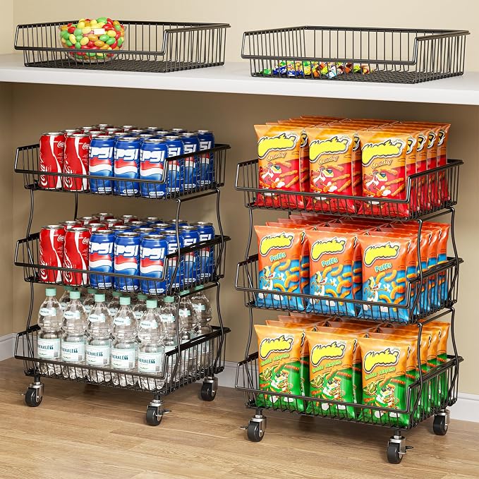Giwil 3-Tier Rolling Pantry Organizers Fruit Vegetable Storage Basket Cart | 23.62"H under pantry shelf, metal frame, extra standing feet, kitchen produce wire basket for snack fruit onion potato, black
