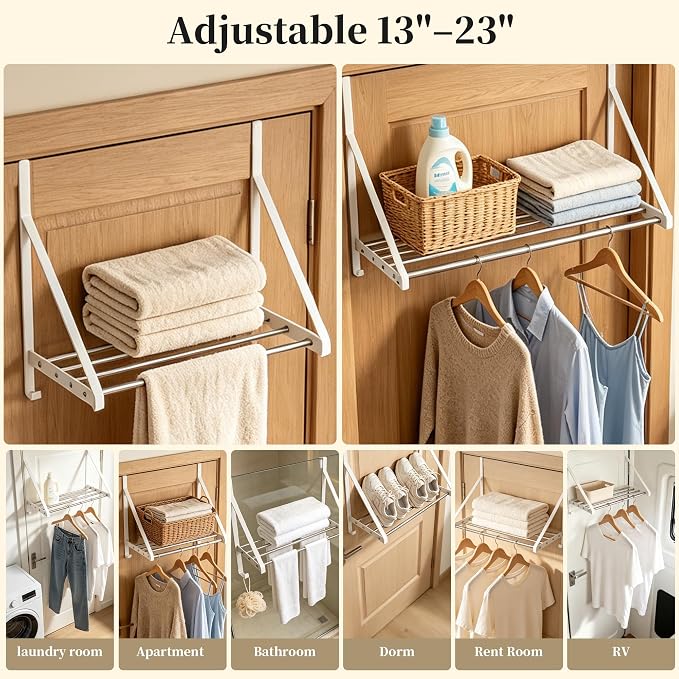 Over Door Clothes Drying Rack 13"-23" Length No Drill for Apartment Rental | 60lb Heavy Duty Load, 4 Stainless Steel Rods and 2 Accessory Hooks Indoor Air Dryer Rack Space Saving for Bathroom, Dorm, RV