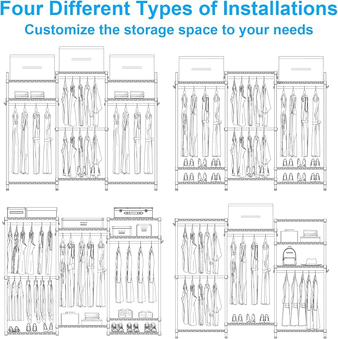 Ulif E13C Heavy Duty Closet Organizer System，Freestanding Clothing Racks for Hanging Clothes，Adjustable Garment Rack 63" W x 16" D x 77" H Hold 960 lbs，Black Clothing Rack with Grey Dustproof Cover
