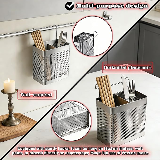 Stainless Steel Utensil Holder for Kitchen Counter, 2 Compartment Cutlery Organizer with Hooks, Dishwasher Safe Flatware Drying Caddy for Sink & Dish Rack (Brushed Finish)