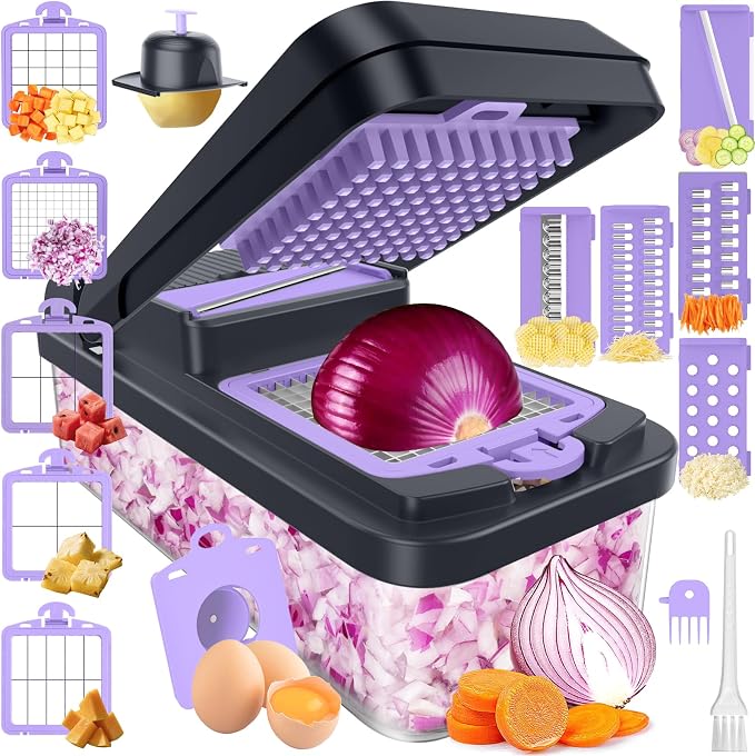 MealHelper 15-in-1 Vegetable Chopper, 10 Blade Veggie Chopper, Practical Food Chopper with Container, Cheese Grater, Home Essentials & Kitchen Gadgets(Purple)