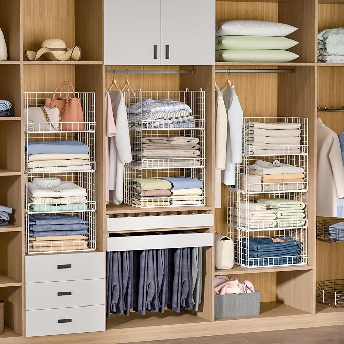 Yociyoga 4-Tier Stackable Closet Organizers and Storage Basket, Foldable Closet Shelf Organizer System, Space-Saving Clothes Storage Drawer Organizer for Wardrobe, White ((Patent 30022416))