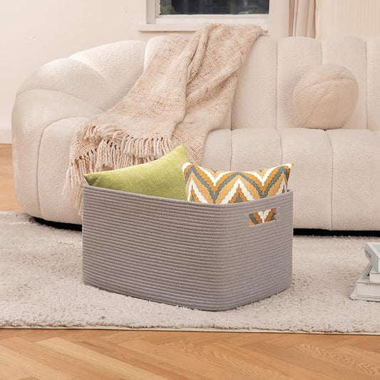 OIAHOMY 75L Large Blanket Basket, Woven Blanket Storage Basket with Handle, Cotton Rope Basket for Organizing 22”x17”x12”, Blanket Basket living Room, Toy Basket for Nursery, Grey