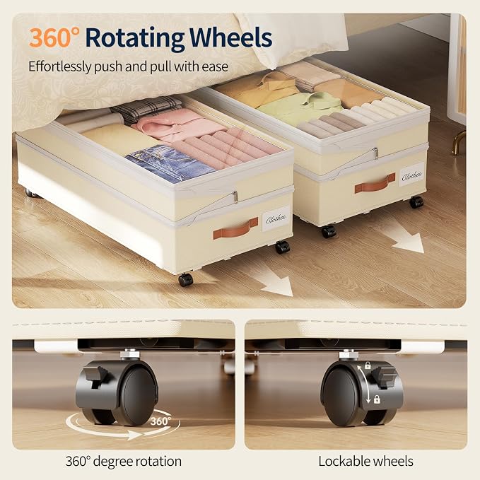 Yecaye Under Bed Storage with Wheels, 8 in-11 in Height Adjustable Under Bed Storage Containers, 90 L Under Bed Shoe Storage with Lids & Label, Rolling Underbed Storage bins for Clothes, Beige