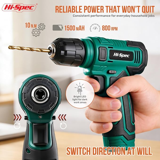 Hi-Spec 8V USB Power Drill Driver and Home Tool Kit with Toolbox Set, Green | Faster holes and Screwdriving, Bit accessories, Compact carry storage, Home setup help, Quick repair and maintenace