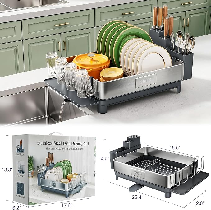 SNTD 304 Stainless Steel Dish Drying Rack for Small Kitchen Counter, Grey | Rustproof, Large Capacity, Heavy-Duty Frame, Rotating Spout, Angled Drainboard, Removable Cup & Utensil Holder