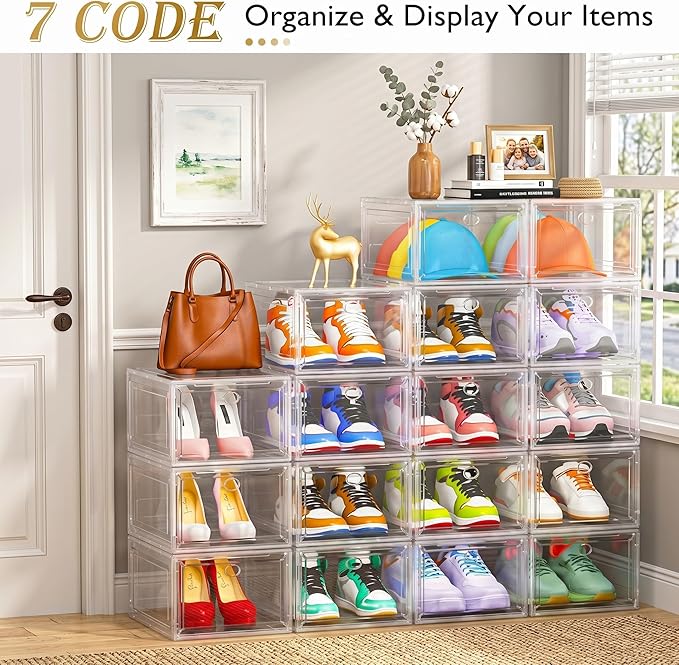 7 code Shoe Organizer, Clear Thickened Stackable Shoe Boxes with Magnetic Door, Collapsible Closet Storage Rack for Sneakers & Boots, 6 Pack White, Virgin Material, Not Recycled Plastic for Household | Thick Plastic Shoe Storage for Sneakers & Boots, C...
