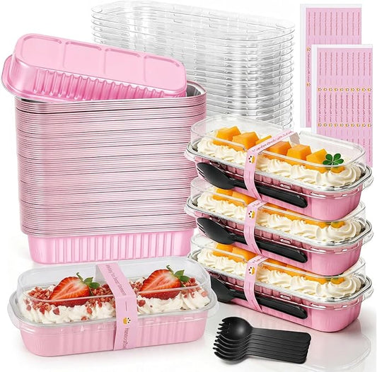 YQER 60 Pack Mini Cake Pans with Lids and Spoons, 6.8 oz Pink Disposable Aluminum Foil Mini Loaf Pans with Stickers, Individual Small Dessert Cake Tins Containers for Baby Showers, Birthdays, Gifts
