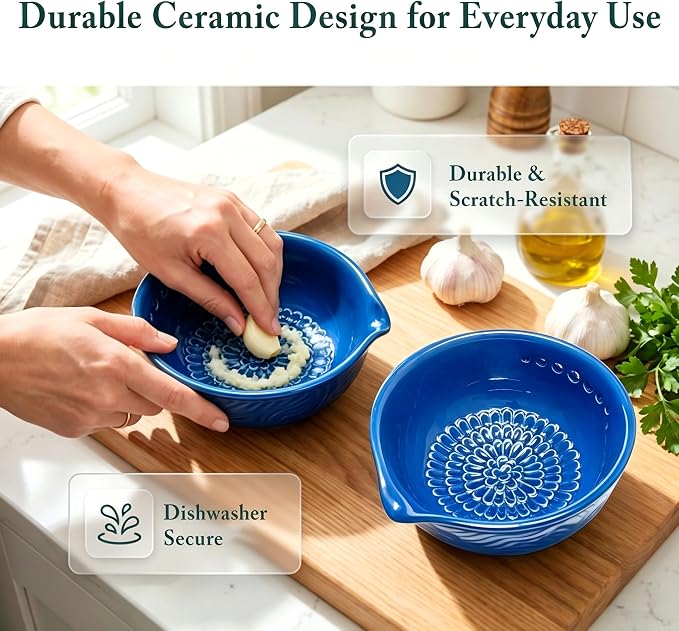 Ceramic Grater Bowl with Herb Stripper, Garlic Ginger Grinder | 3-in-1 Kitchen Tool | Upgraded Grinding Texture | 7 Herb Stripping Holes | Easy Clean | Dishwasher Safe | Blue