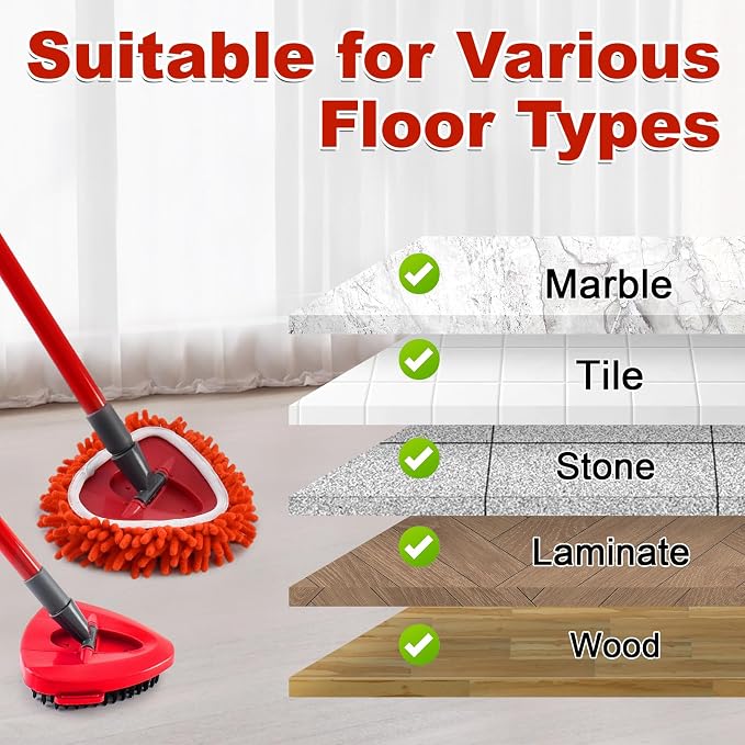Chenille Duster Mop Head Compatible with O Cedar Easywring 1-Tank,Spin Mops Heads Replacements for Ocedar, Include 6 Pack Microfiber Chenille MOp Refills,1 Scrubber & 1 Mops Base(Not Include Bucket)