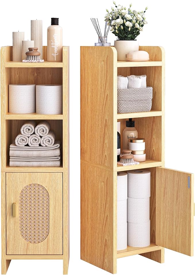 Small Bathroom Storage Cabinet, Narrow and Slim Storage Cabinet with Rattan Door and Adjustable Shelves, Corner Floor Bathroom Organizers and Storage for Small Space, Natural HSC001N