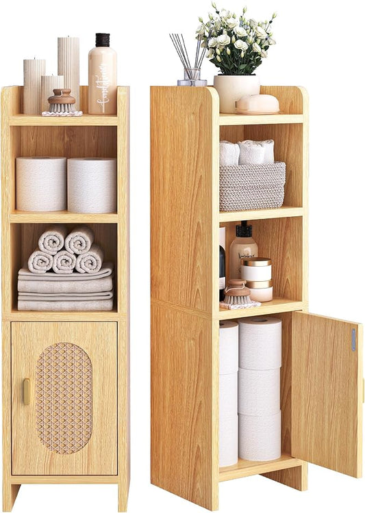 Small Bathroom Storage Cabinet, Narrow and Slim Storage Cabinet with Rattan Door and Adjustable Shelves, Corner Floor Bathroom Organizers and Storage for Small Space, Natural HSC001N