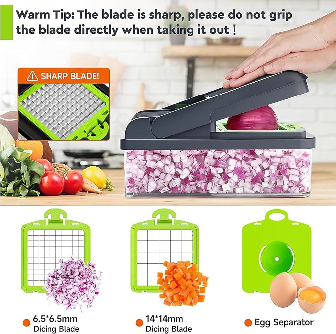 MealHelper 15-in-1 Vegetable Chopper, 10 Blade Veggie Chopper, Practical Food Chopper with Container, Cheese Grater, Home Essentials & Kitchen Gadgets(Green)