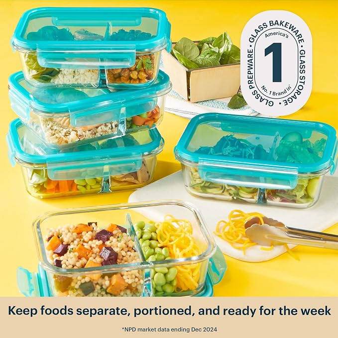 Pyrex Glass Meal Box (5-Pack, 4 Cup) Divided Compartments with Locking Lids, For Meal Prepping and Portioning, BPA Free Microwave Dishwasher Safe