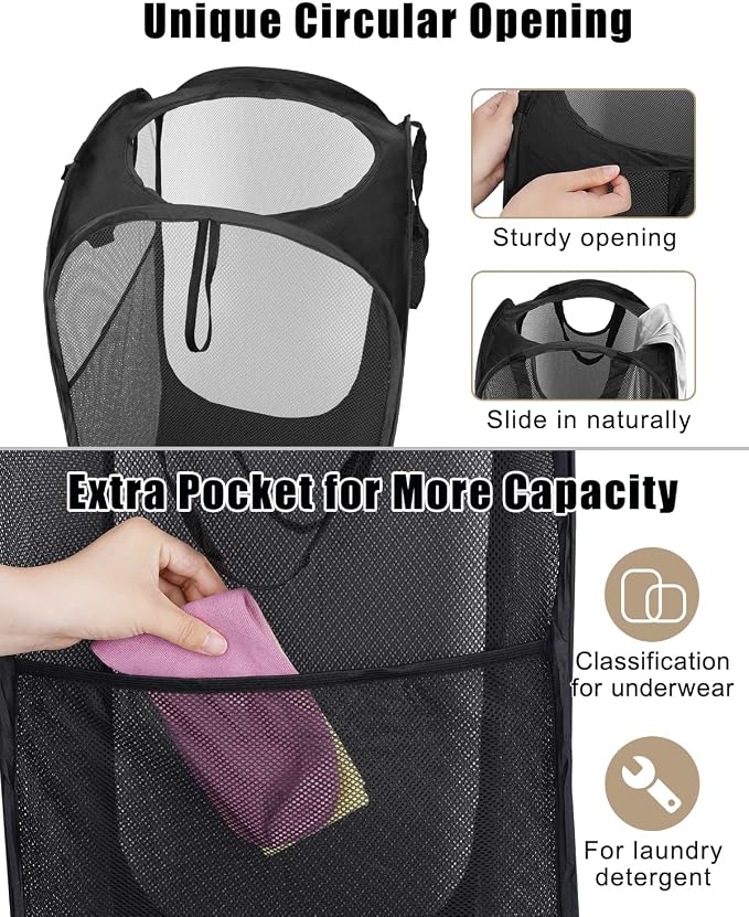 HOUSE AGAIN 2 Pack Strong Mesh Pop Up Laundry Hamper, 70L Collapsible Laundry Basket with Steel Frame, Double‑Stitched Handles & Side Pocket, Foldable Dirty Clothes Hamper for Dorm, Bedroom, Black