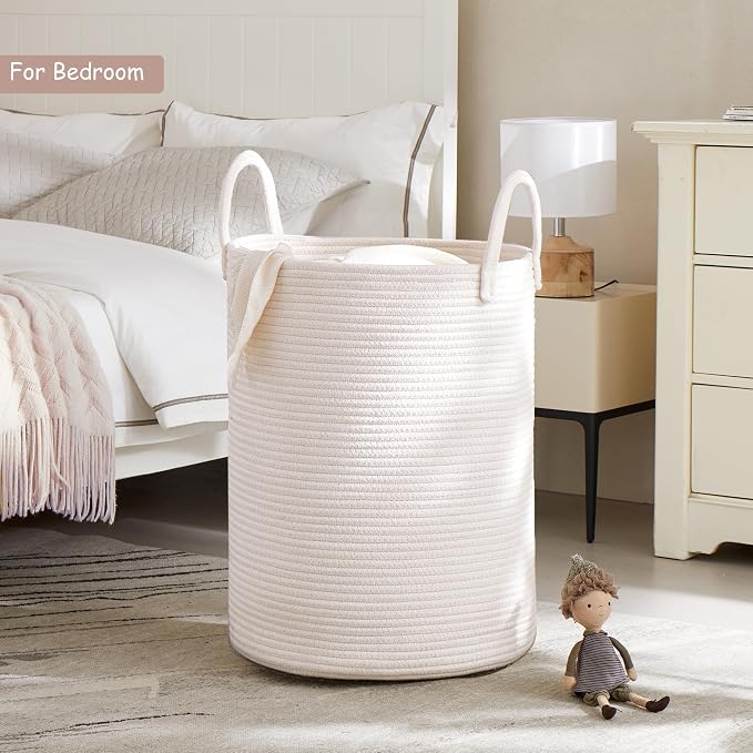 80L Extra Large Laundry Hamper Tall Woven Laundry Basket, White | Blanket Basket for Living Room, Clothes Hamper in Bedroom, 16"L x 16"W x 22"H