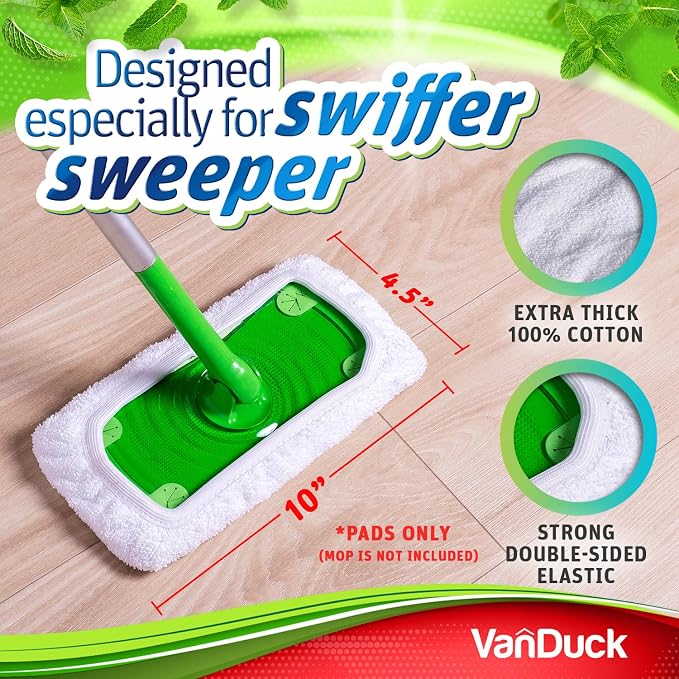 VanDuck Reusable 100% Cotton Mop Pads for Swiffer Sweeper (4-Pack) | Mop not included, reusable terry cloth mop covers, cotton replacement refills, machine washable wet mopping pads