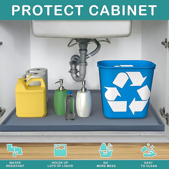 URMONA Waterproof Silicone Under Sink Mat 16'' x 10'' Shelf Liner for Kitchen and Bathroom, Cabinet and Counter Protector, Storage and Organizers, Litter Mat, Pet Cat Puppy Essentials(Green)