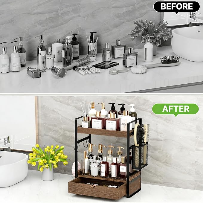 2-Tier Bathroom Counter Organizer with Drawer Basket and Hooks, Wood Bathroom Organizers and Storage for countertop, Farmhouse Dark Brown Countertop Organizer, Counter Shelf for Vanity Kitchen Office