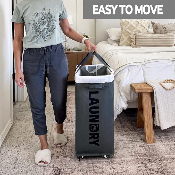 Goodpick 2-Pack Laundry Basket with Wheels & Wash Bag, Hamper for Dorm,75L | Laundry Hamper with Handles for Dirty Clothes, Clothes Hamper, Rolling Laundry Basket, Dorm Room Essentials, Grey
