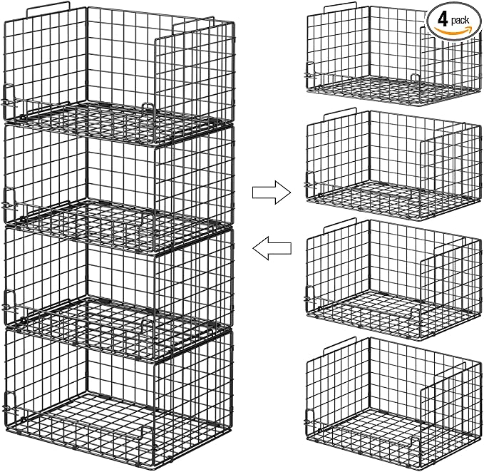 4-Tier Stackable Closet Organizers and Storage Basket - Foldable Closet Shelf Organizer System, Sturdy Metal Space-Saving Clothes Storage Bins for Wardrobe, Black