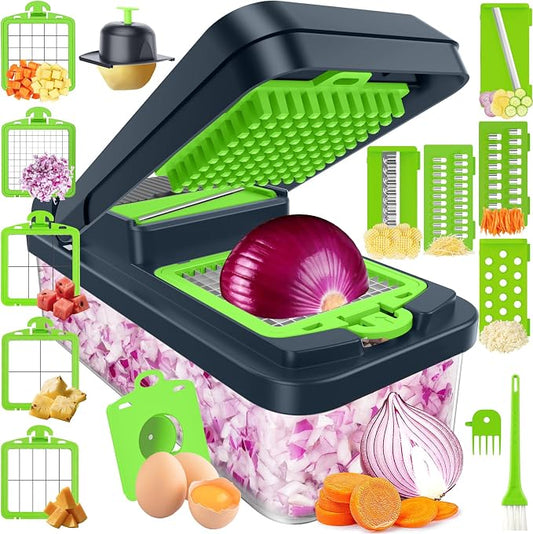MealHelper 15-in-1 Vegetable Chopper, 10 Blade Veggie Chopper, Practical Food Chopper with Container, Cheese Grater, Home Essentials & Kitchen Gadgets(Green)